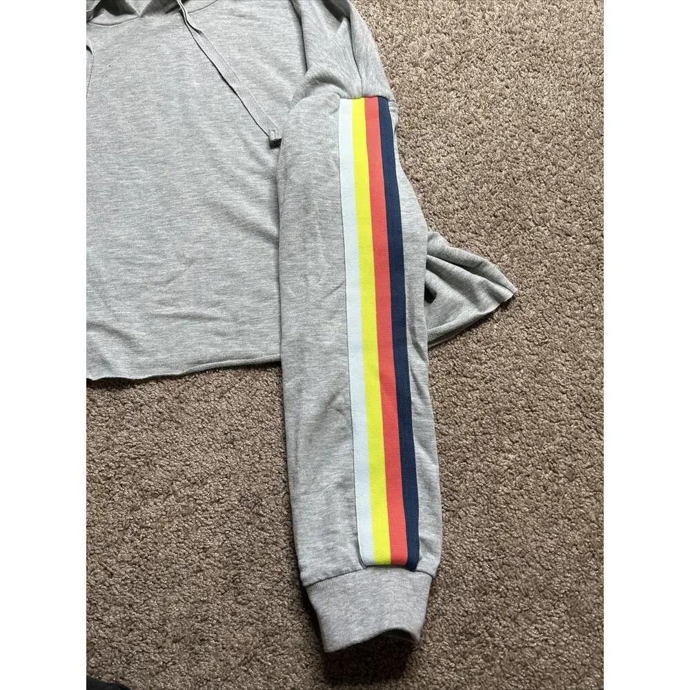 Wild Fable Crop Top Hoodie Womens Size Large Gray Rainbow Striped - Picture 2 of 4
